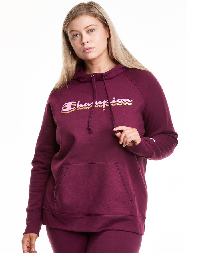 Champion Plus Powerblend Fleece Drop Shadow Foil Script Logo Hoodie Dames - DonkerPaars - Belgie 953